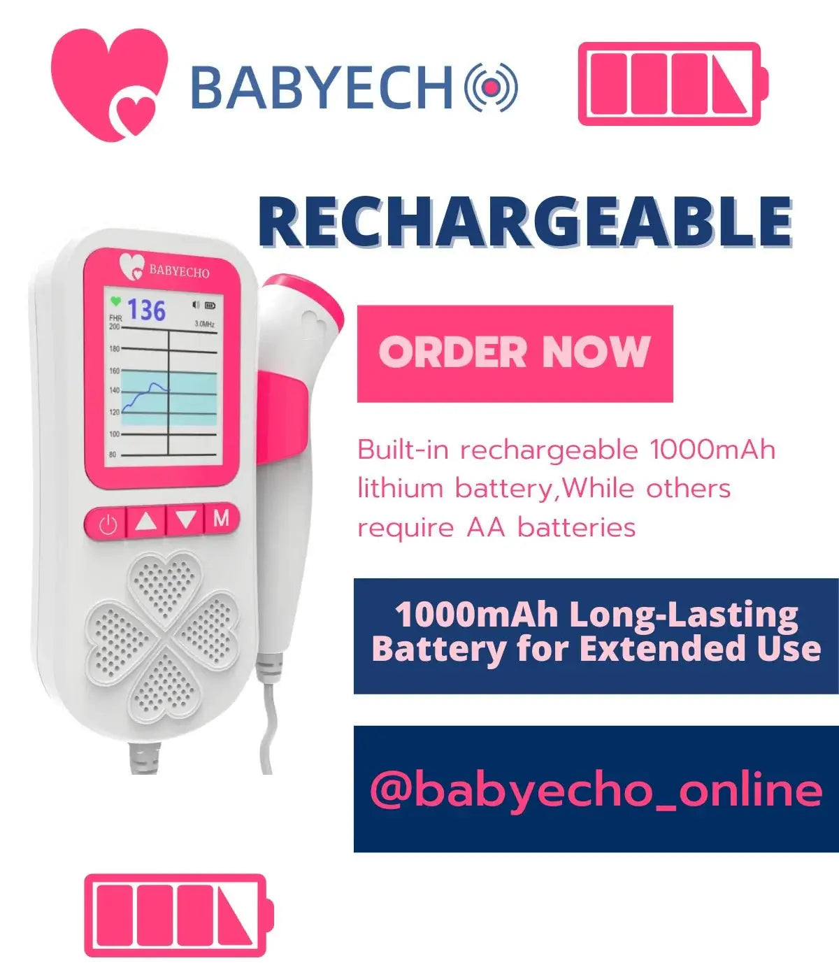 Rechargeable BabyEcho Fetal Doppler Baby Heartbeat Monitor 
